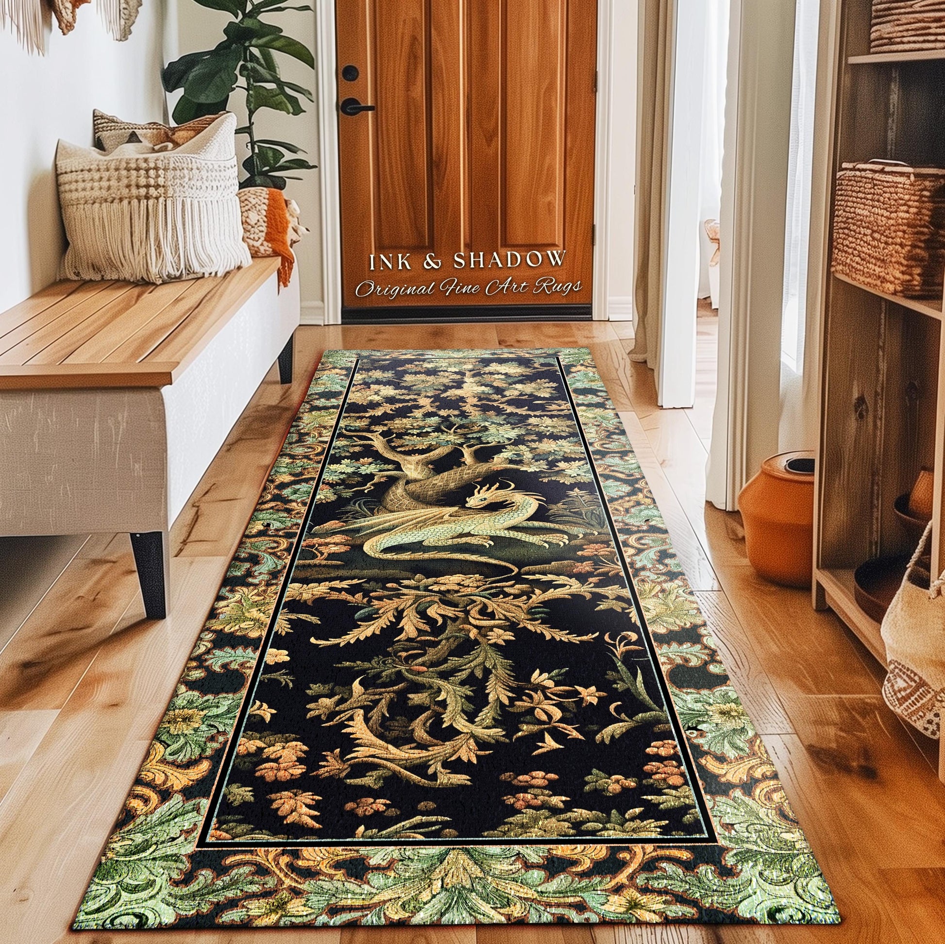 Ethereal Dragon Art Runner Rug Enchanted Aesthetic Fantasy Forest Whimsical Woodland Gothic Decor | Fairytale Whimsy Art Deco Dragon Rugs