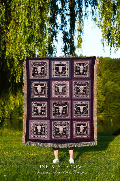 Western Gothic Bull Skull Blanket Cowgirl Aesthetic Boho Wild West Decor Skull Lover Gift Tapestry Throw Southwestern Whimsigoth Aesthetic
