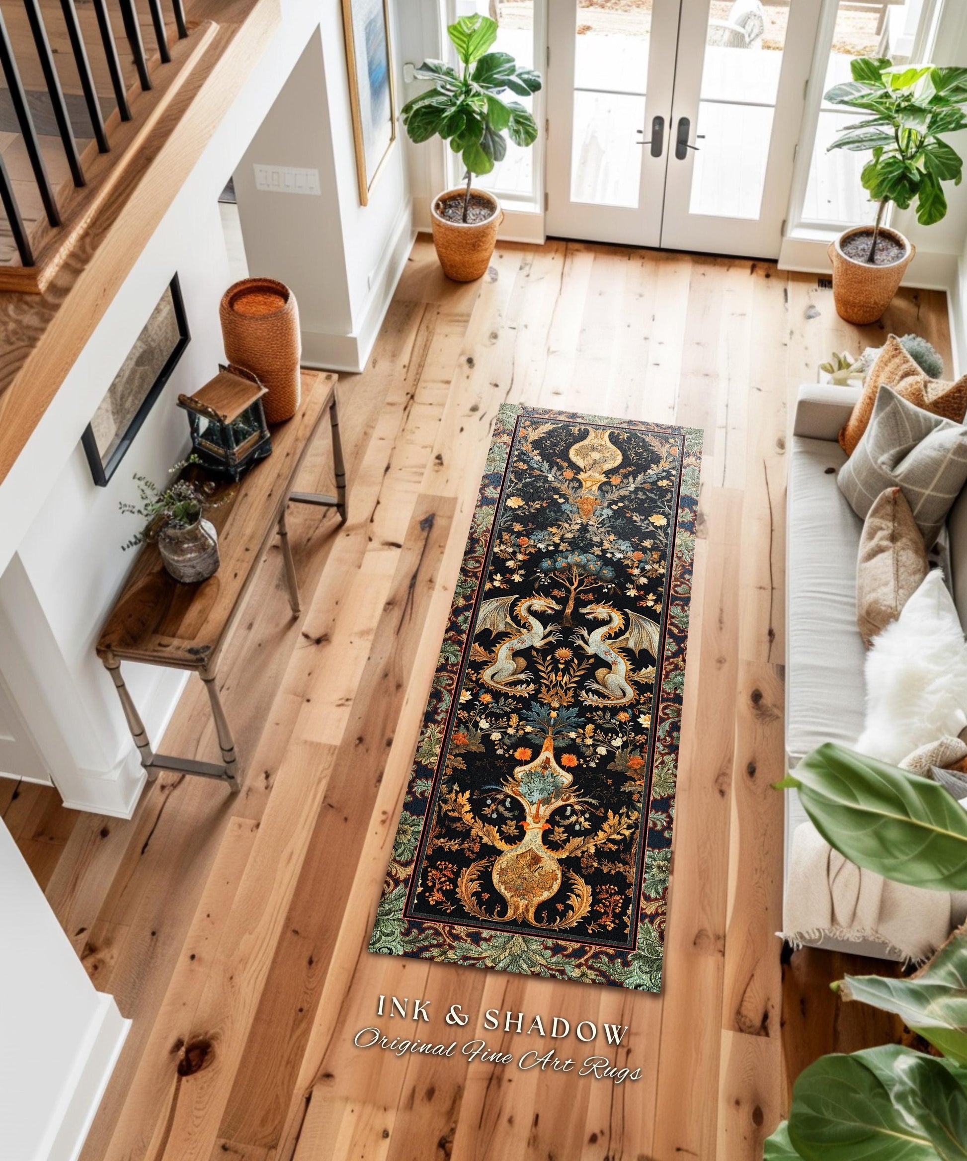 Ornate Baroque Art Nouveau Inspired Dragon Runner Folklore Decor | Antique Aesthetic Maximalist Fantasy Home Statement Art Piece Rococo Rug