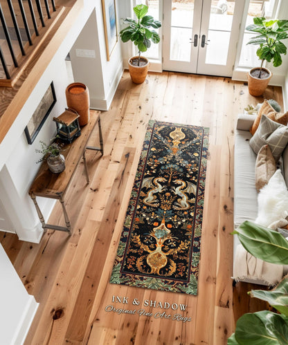 Ornate Baroque Art Nouveau Inspired Dragon Runner Folklore Decor | Antique Aesthetic Maximalist Fantasy Home Statement Art Piece Rococo Rug