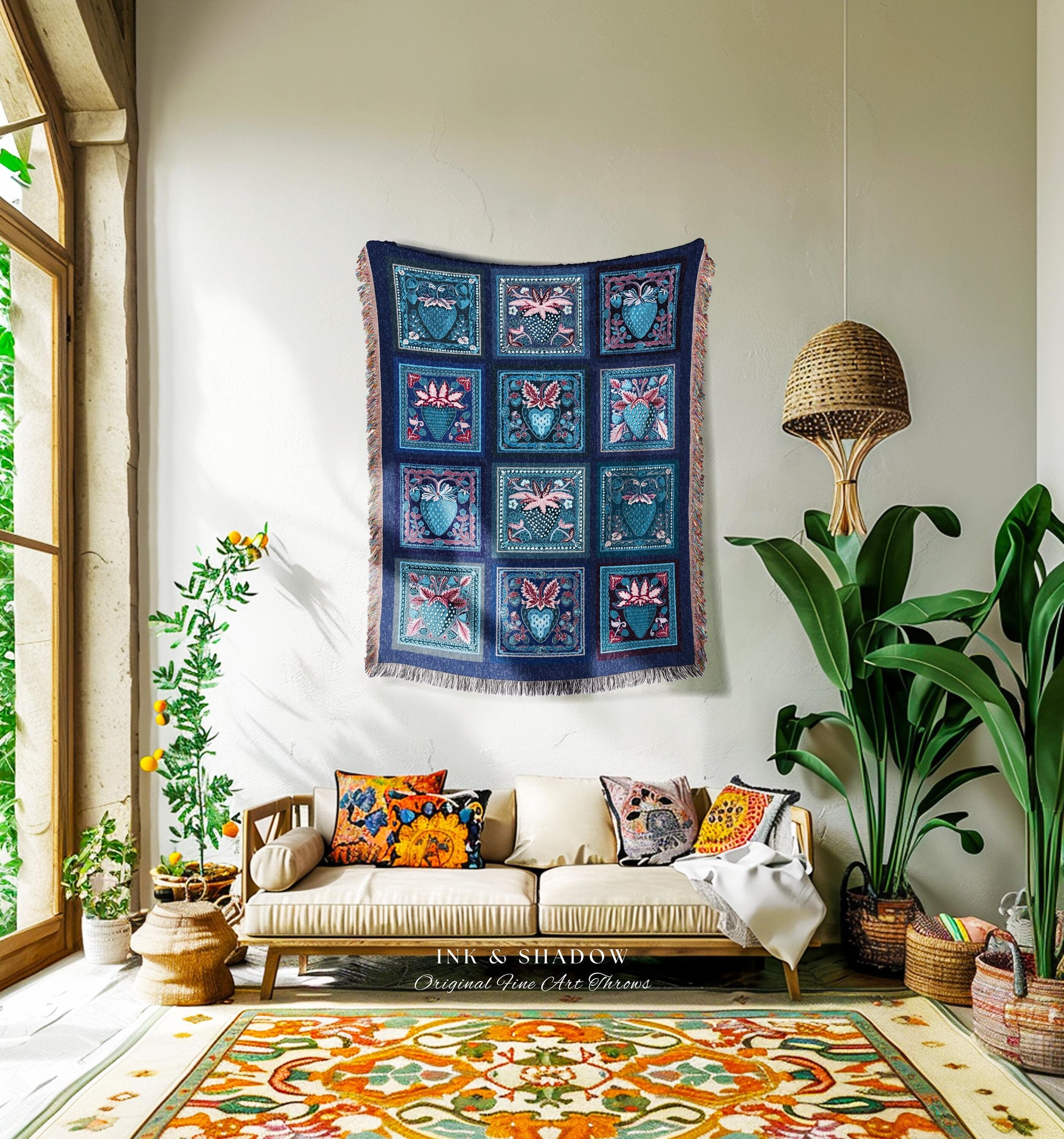 Maximalist Blue Strawberry Tapestry Blanket Whimsical Farmhouse Fairycore Aesthetic | Retro Cottagecore Berry Fruit Throw Indie Room Decor