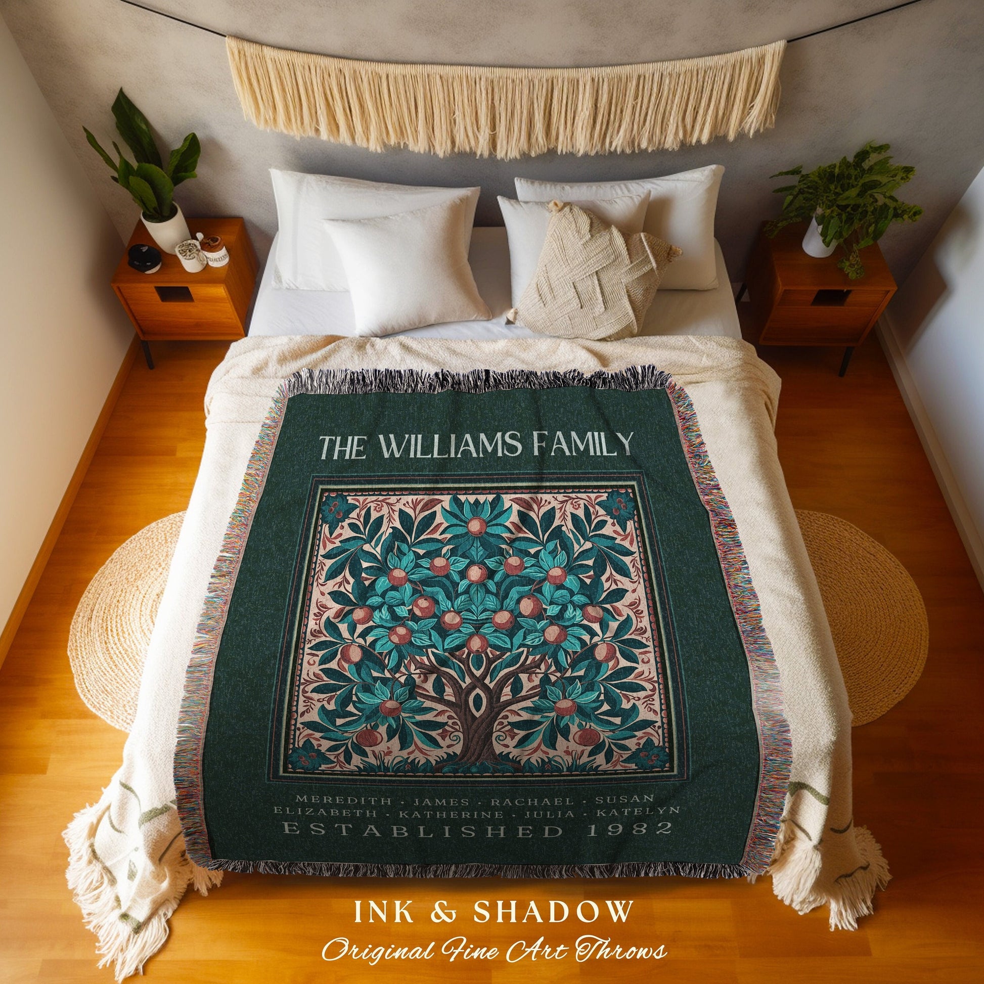 Boho Family Tree of Life Blanket Custom Meaningful Ancestry Gift | Personalized Heritage Decor Cozy Bohemian Family Name Tapestry Nana Gift