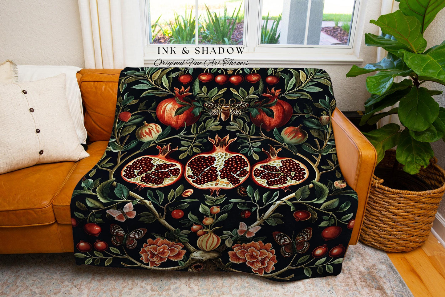 Botanical Pomegranate Blanket Enchanted Floral Whimsigothic Tapestry Throw | Dark Academia Woodland Gothic Vintage Cottagegoth Occult Decor