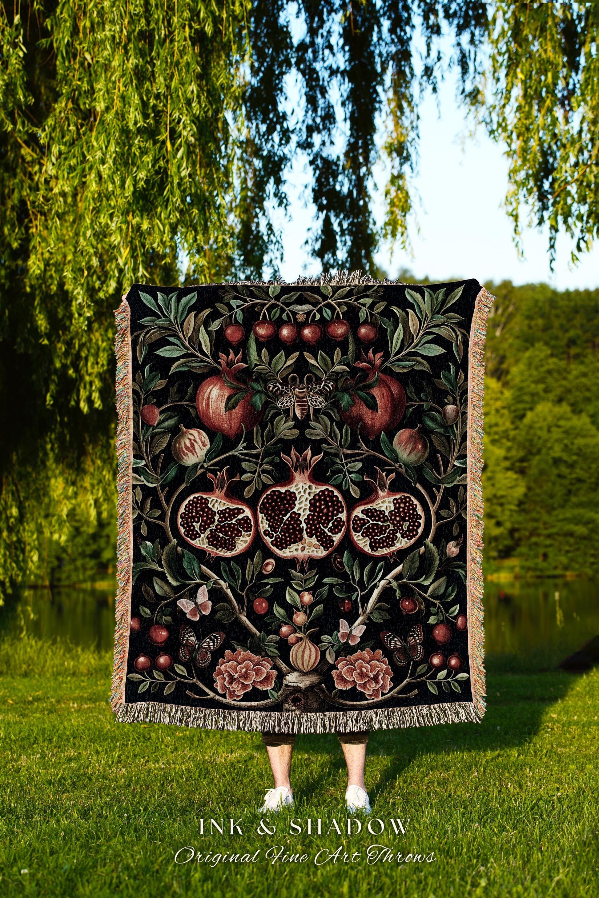 Botanical Pomegranate Blanket Enchanted Floral Whimsigothic Tapestry Throw | Dark Academia Woodland Gothic Vintage Cottagegoth Occult Decor