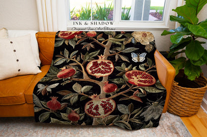 Gothic Pomegranate Blanket Mystical Botanical Tapestry Throw | Baroque Inspired Dark Academia Floral Butterfly Fruit Whimsigothic Room Decor