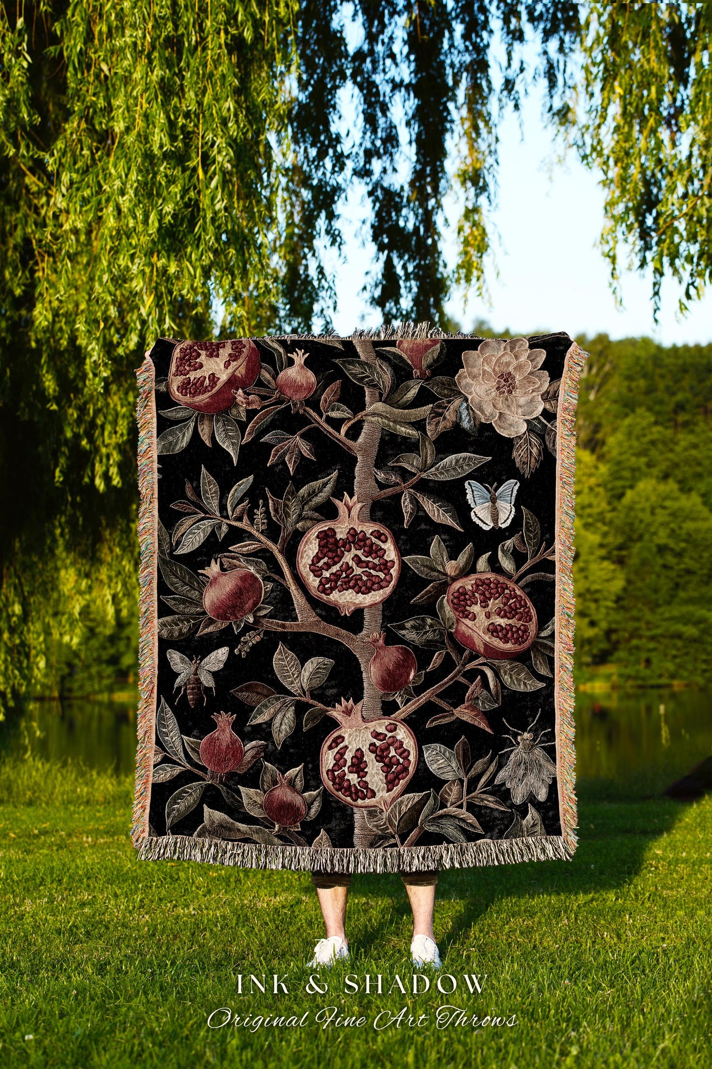 Gothic Pomegranate Blanket Mystical Botanical Tapestry Throw | Baroque Inspired Dark Academia Floral Butterfly Fruit Whimsigothic Room Decor