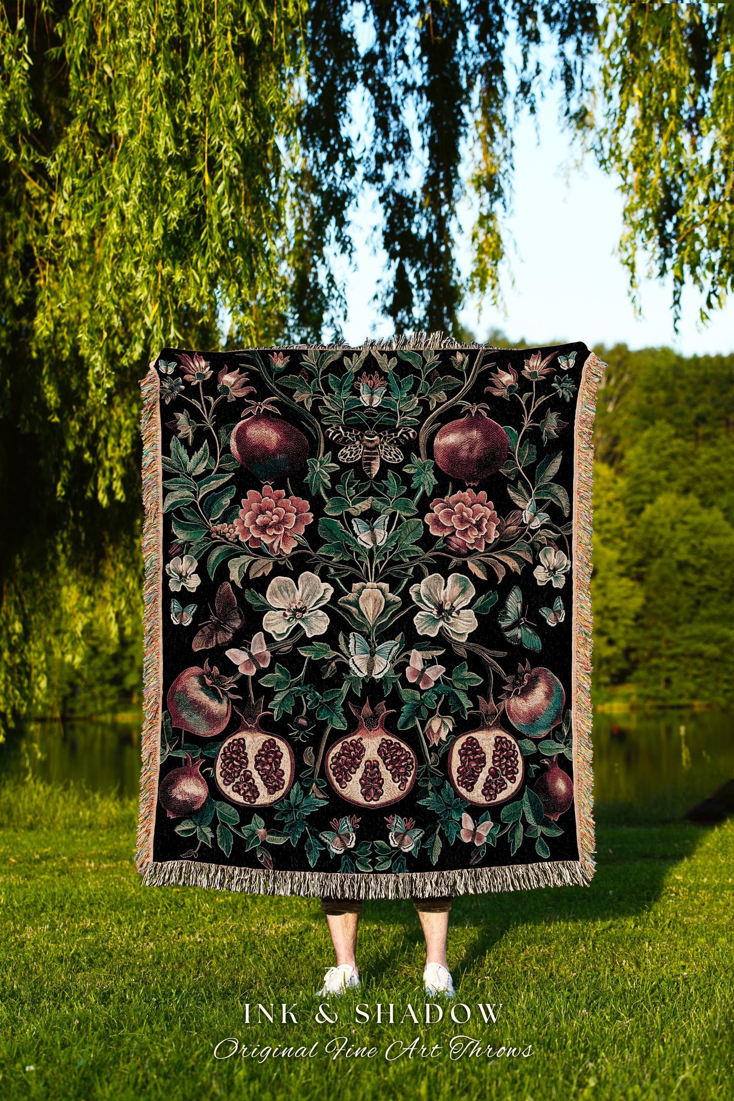 Ethereal Pomegranate Blanket Enchanted Tapestry Botanical Throw | Baroque Inspired Dark Academia Butterfly Moth Gothic Floral Fruit Decor