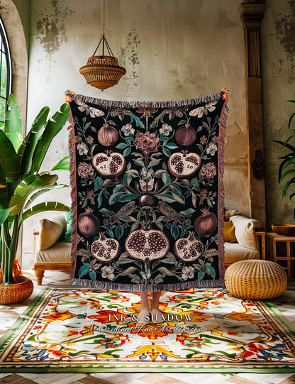 Woodland Gothic Pomegranate Botanical Blanket Enchanted Forest Nature Decor | Romantic Baroque Whimsical Floral Cottagecore Tapestry Throw