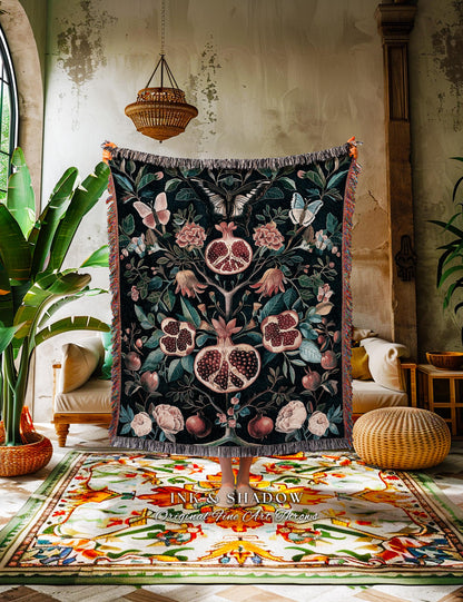 Vintage Pomegranate Tapestry Blanket Floral Whimsigoth Enchanted Botanical Butterfly Home Decor | Victorian Gothic Whimsical Woodland Throw