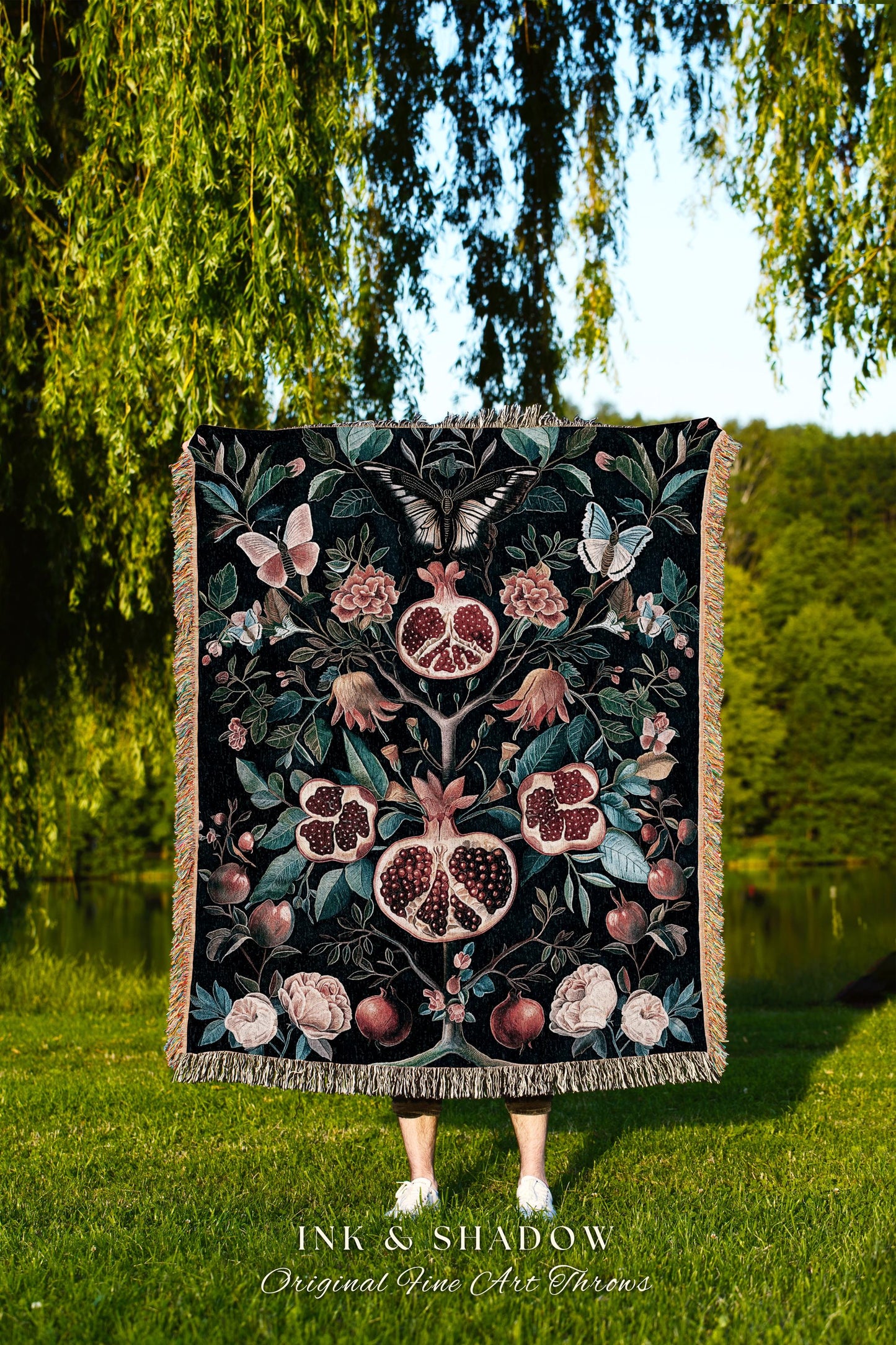 Vintage Pomegranate Tapestry Blanket Floral Whimsigoth Enchanted Botanical Butterfly Home Decor | Victorian Gothic Whimsical Woodland Throw