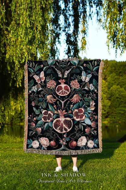 Vintage Pomegranate Tapestry Blanket Floral Whimsigoth Enchanted Botanical Butterfly Home Decor | Victorian Gothic Whimsical Woodland Throw