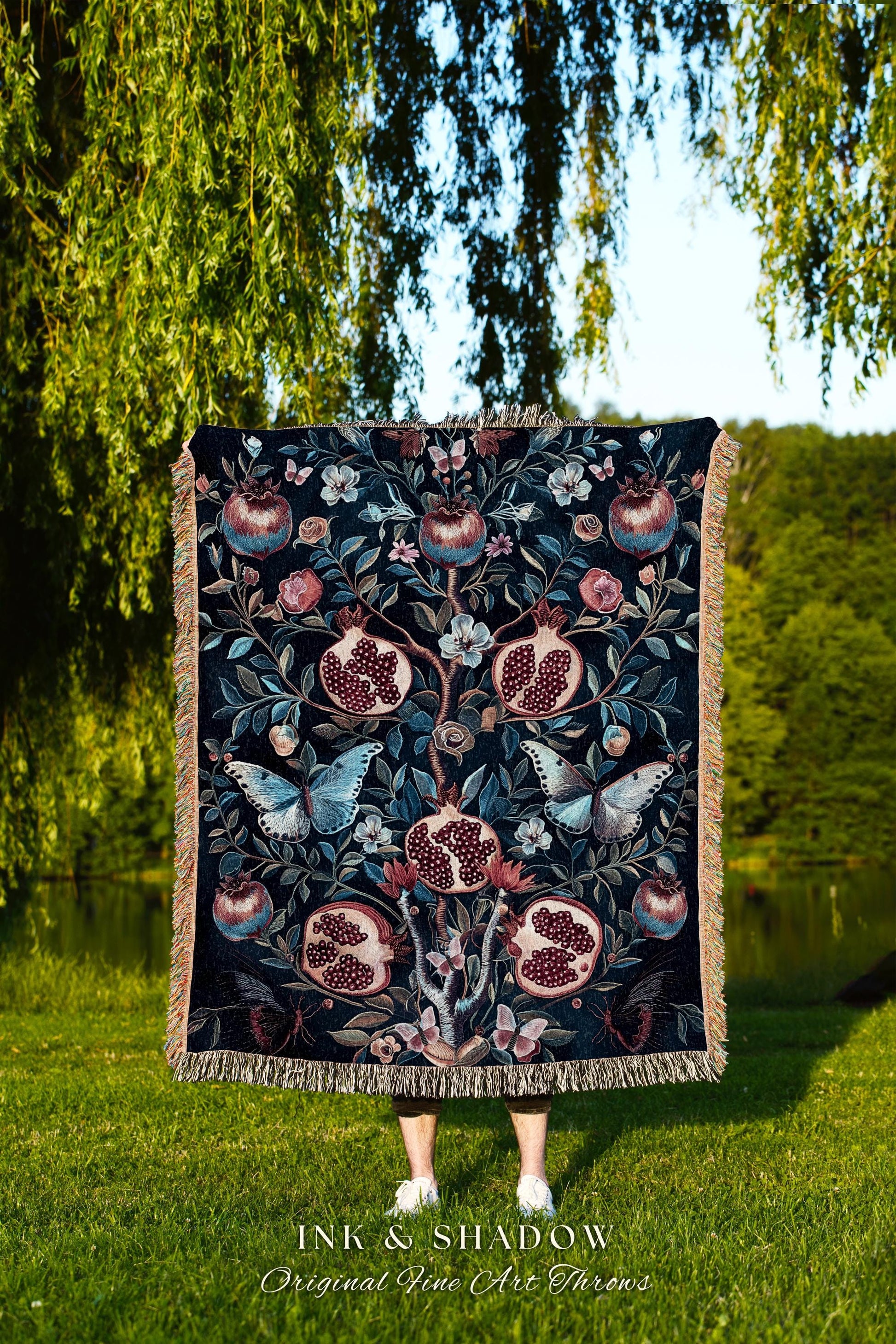 Moody Dark Botanical Pomegranate Art Blanket Victorian Nouveau Butterfly Tapestry Throw, Mystic Woodland Whimsigoth Enchanted Forest Florals