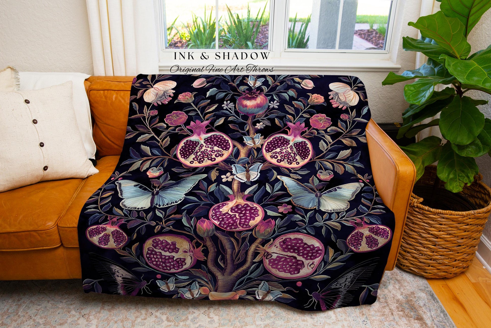 Whimsical Pomegranate Blanket Enchanted Woodland Tapestry Throw | Dark Academia Vintage Floral Aesthetic Butterfly Woven Art Ethereal Decor