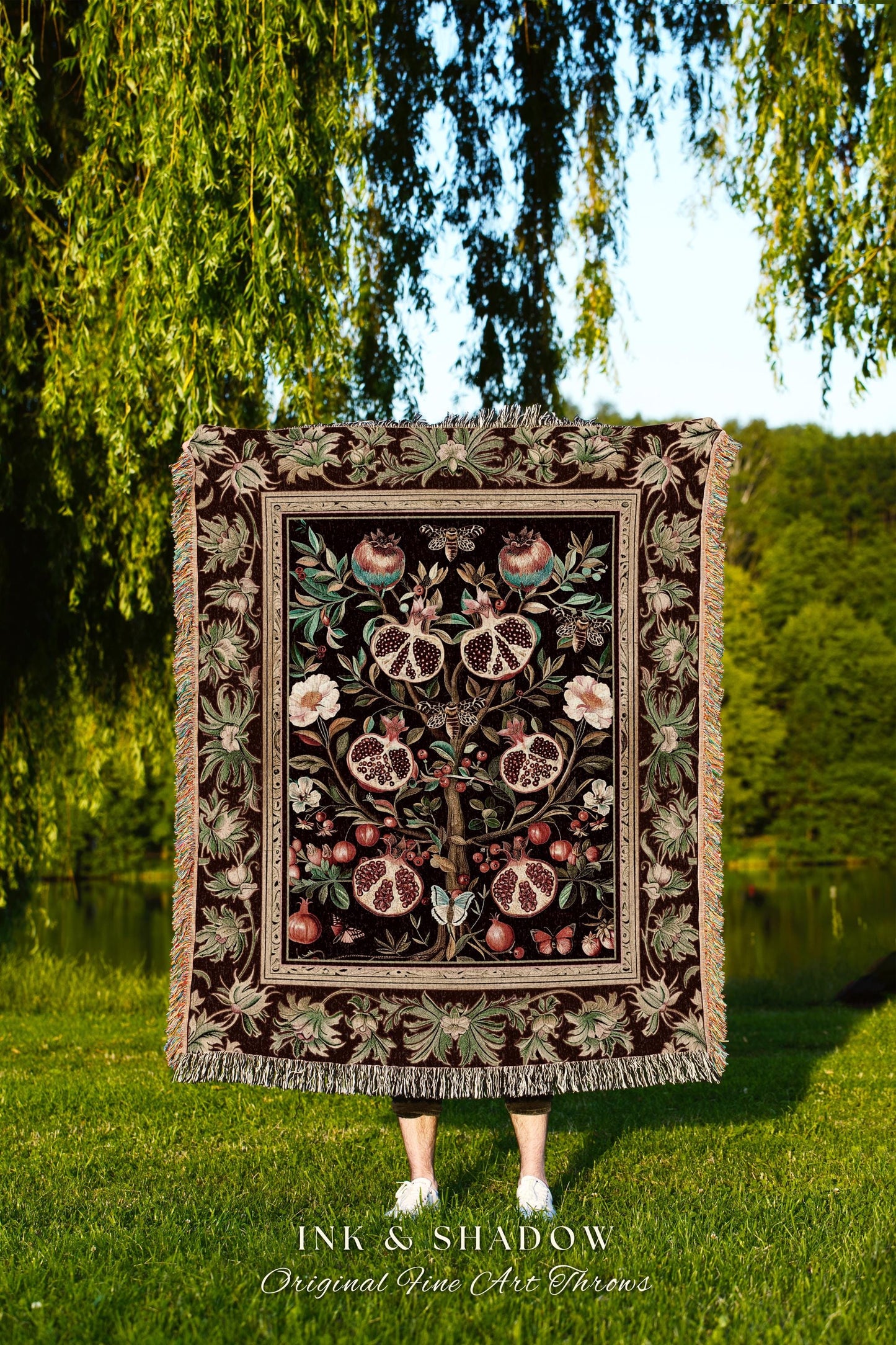 Antique Aesthetic Pomegranate Blanket Enchanted Garden Tapestry Throw | Dark Cottagecore Gothic Woodland Whimsy Floral Butterfly Moth Decor