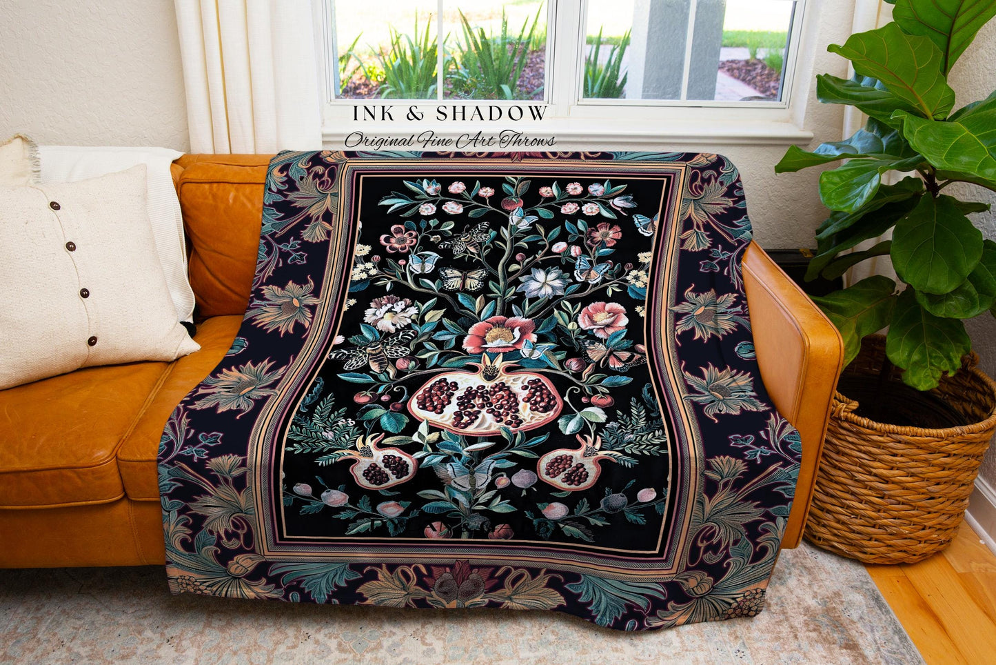 Witchy Dark Academia Pomegranate Blanket Whimsigothic Floral Home Decor, Enchanted Cottagecore Tapestry Throw Victorian Gothic Nature Accent