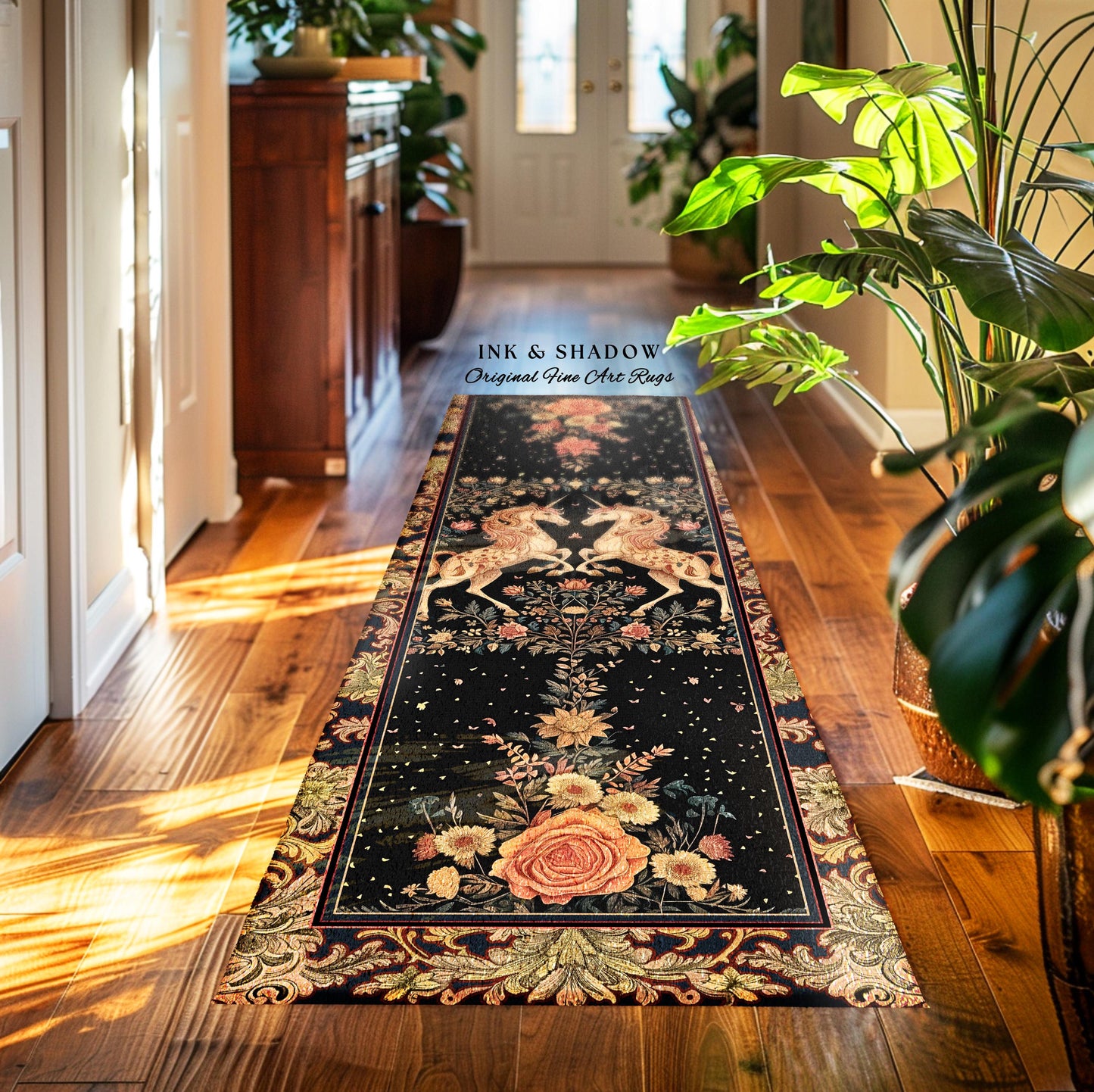Fairytale Unicorn Floral Aesthetic Runner Rug | Pastel Cottagecore Area Rug Fairycore Runner for Hallway Whimsical Boho Home Decor Medieval