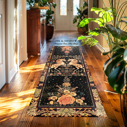 Fairytale Unicorn Floral Aesthetic Runner Rug | Pastel Cottagecore Area Rug Fairycore Runner for Hallway Whimsical Boho Home Decor Medieval