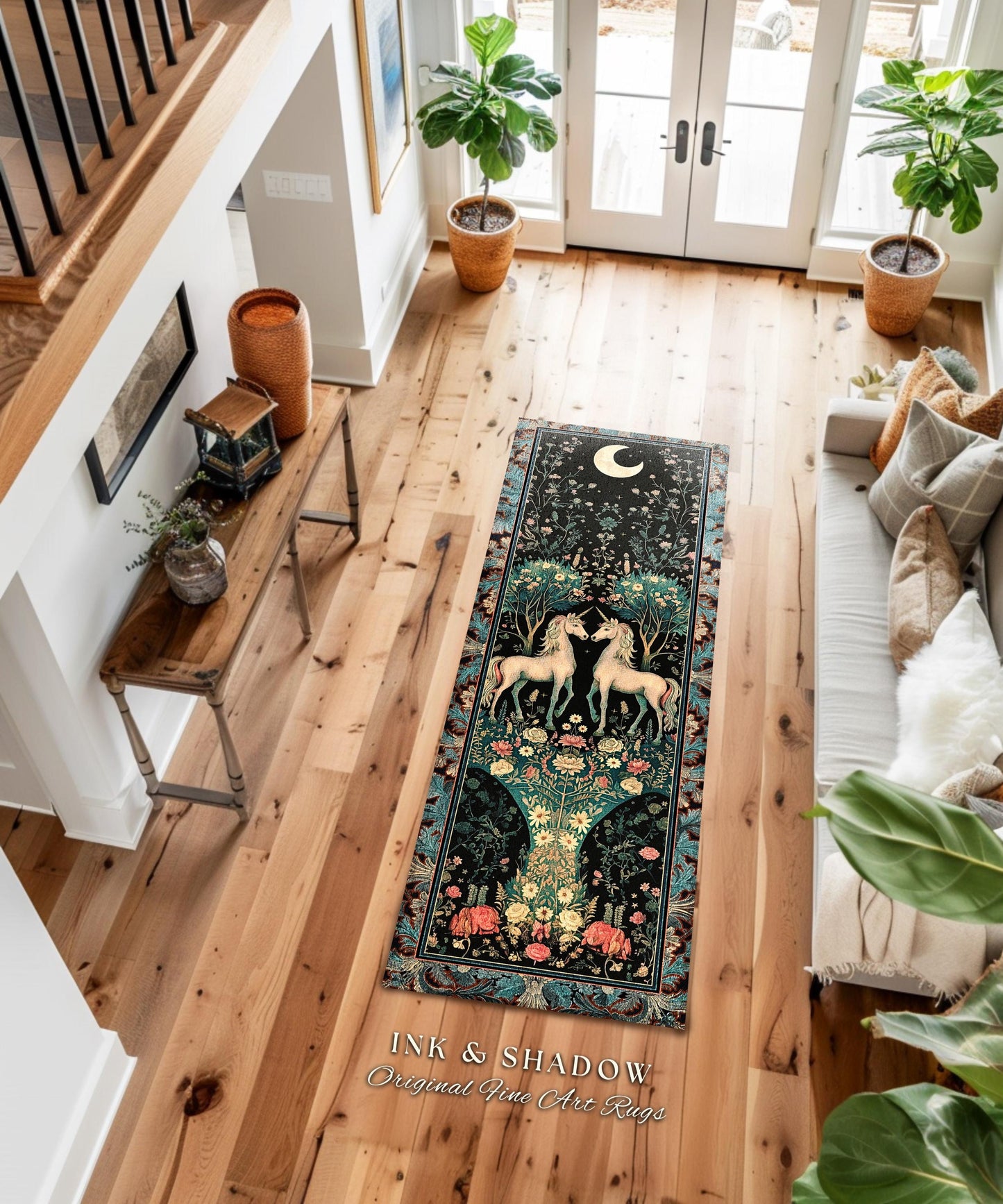 Fantasy Garden Unicorn Runner Rug Cottagecore Art Nouveau Fairycore Decor | Whimsical Woodland Fairytale Victorian Floral Enchanted Accent