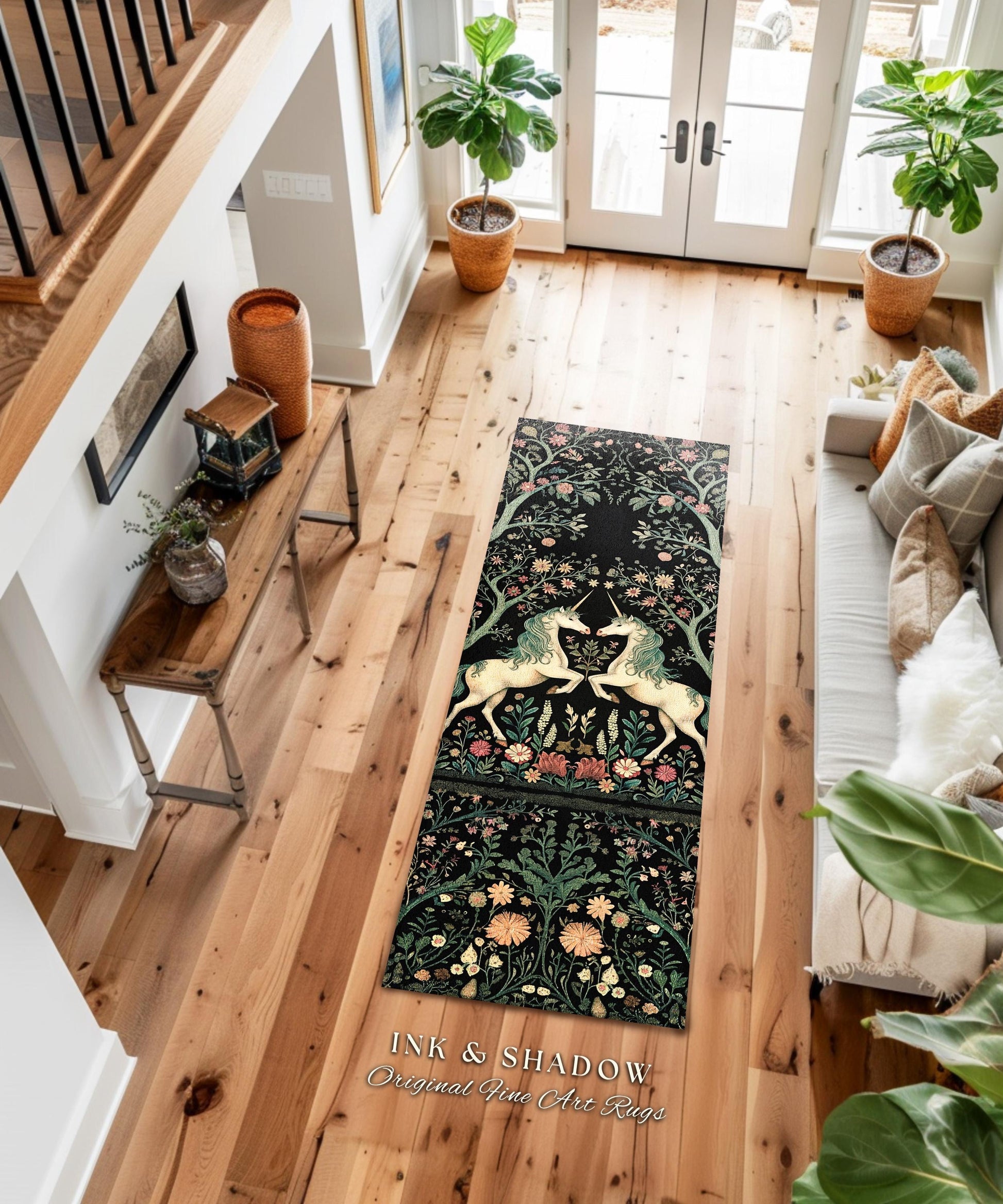 Bohemian Floral Unicorn Runner Rug Whimsical Cottagecore Decor, Dark Fairycore Enchanted Forest Folklore Vintage Aesthetic Mystical Folk Art