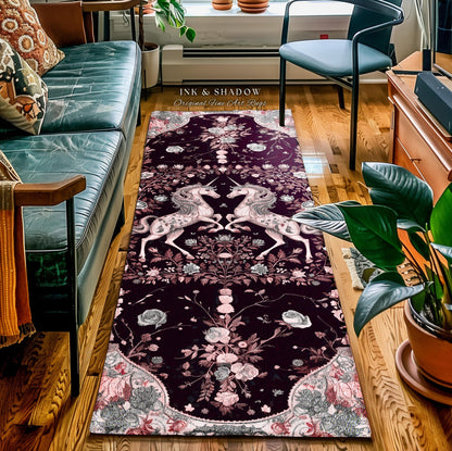 Dark Fairytale Unicorn Runner Rug | Whimsical Fairycore Home Accent Victorian Gothic Floral Decor Baroque Romantic Mystic Cute Area Rug Boho