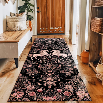 Rosy Pastel Victorian Unicorn Runner Rug | Floral Romantic Cottagecore Coquette Aesthetic Whimsical Area Rug Fairycore Runner for Hallway |