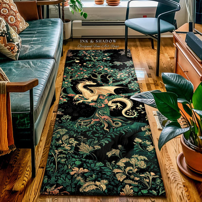 Enchanted Forest Dragon Runner Dark Woodland Gothic Forestcore Rug | Mystical Cottagecore Aesthetic Vintage Medieval Charm Renaissance Art