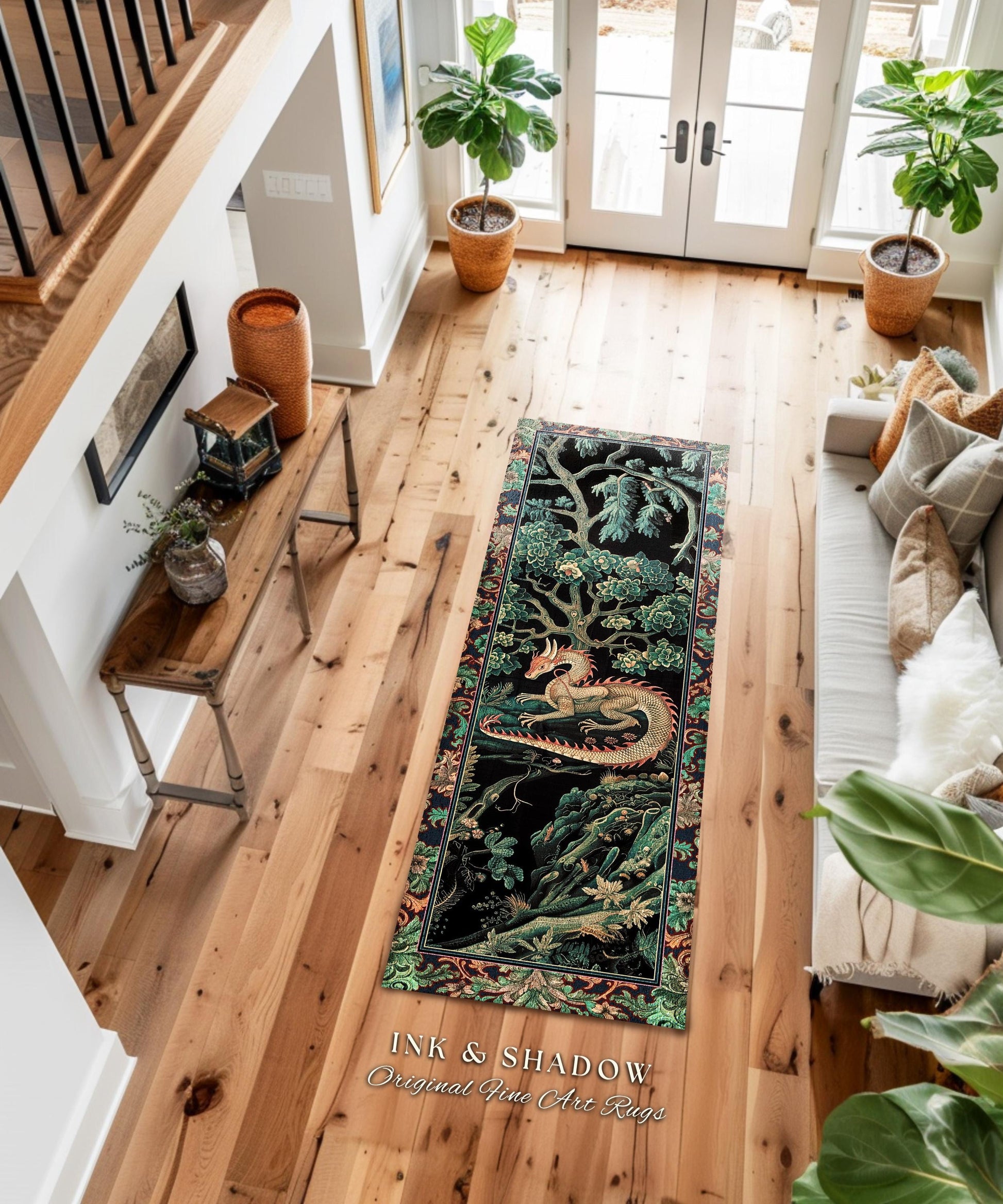 Woodland Dragon Runner Enchanted Forest Medieval Fantasy Charm Rug Dark Forestcore Fairytale Cottagecore Renaissance Nature Art Home Accent