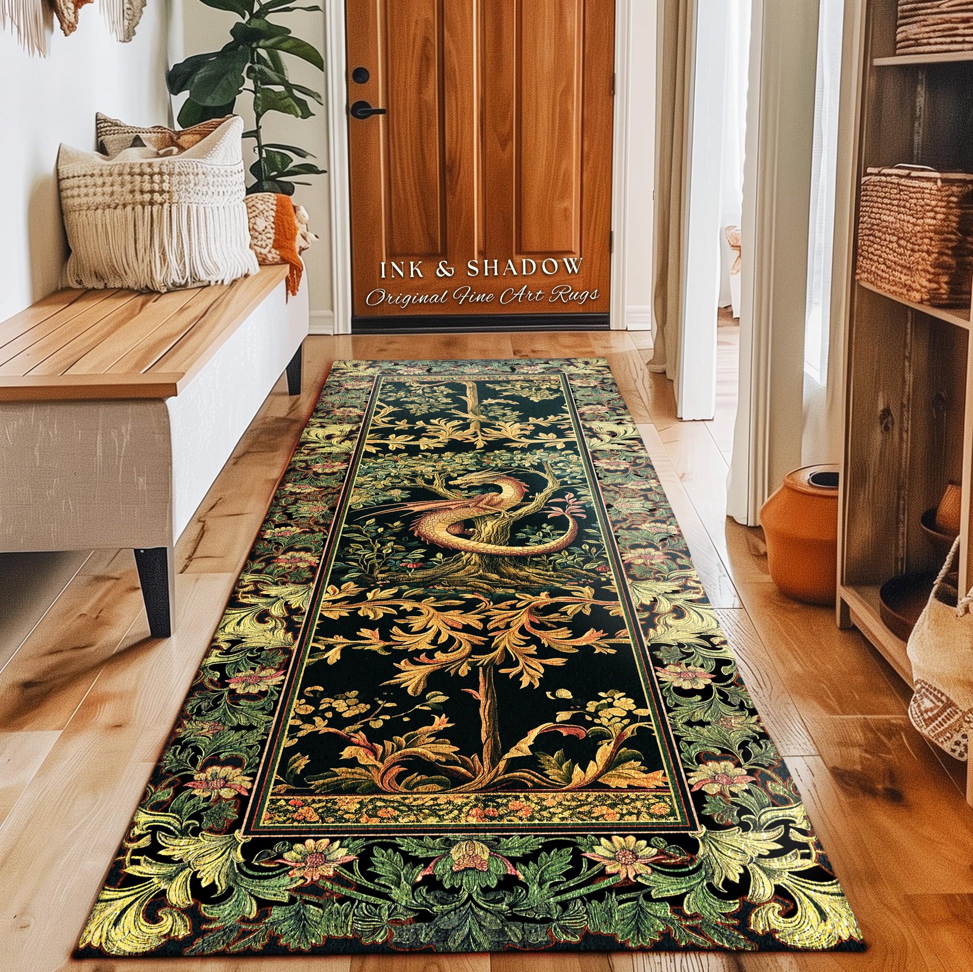 Ornate Victorian Gothic Dragon Runner Enchanted Baroque Medieval Forestcore Rug | Mystical Vintage Fantasy Forest Whimsical Woodland Decor