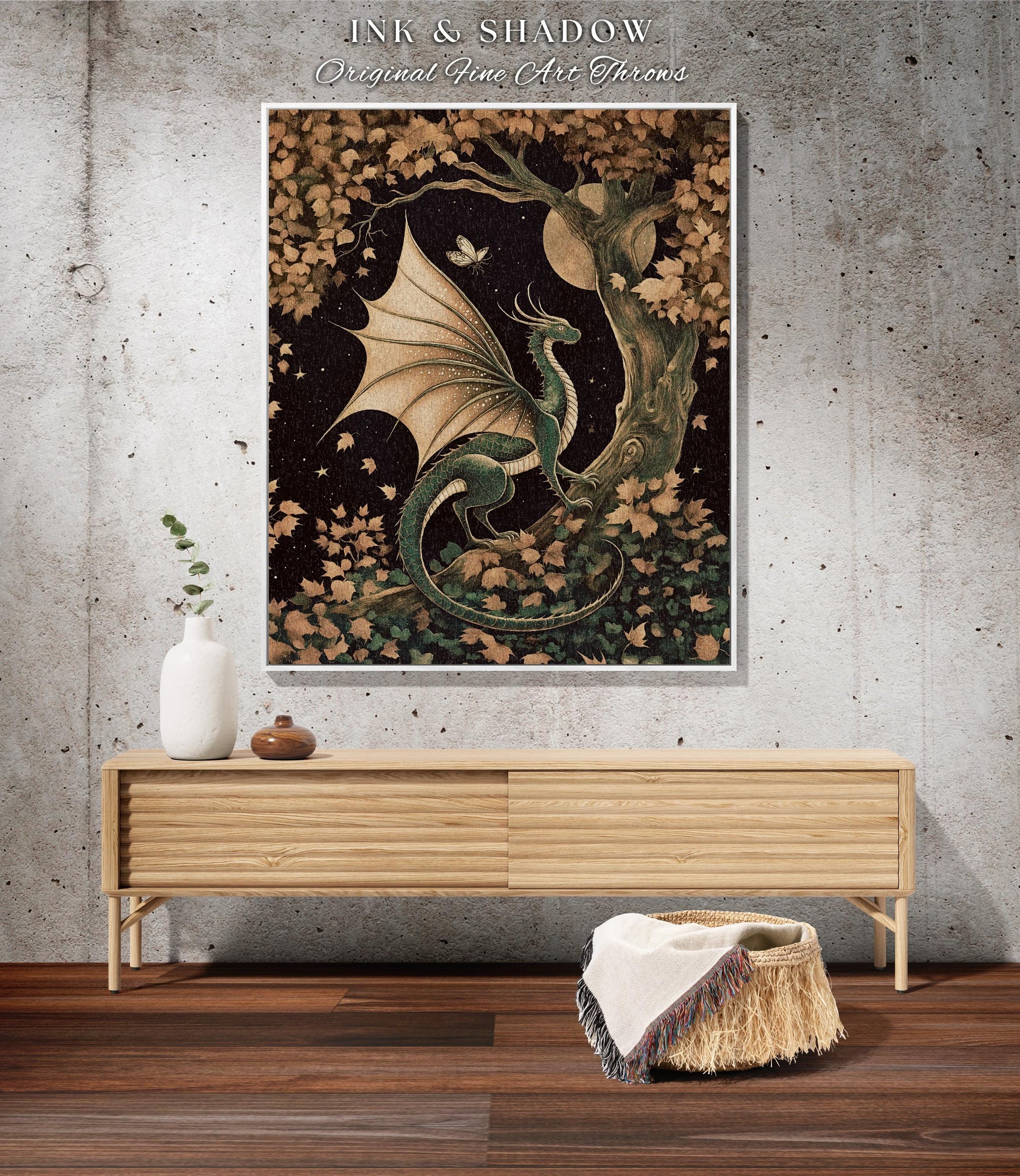 Gilded Hygge Antique Mystical Dragon Blanket Moonlit Forest Fantasy Art Throw | Vintage Celestial Romantic Baroque Woodland Gothic Tapestry