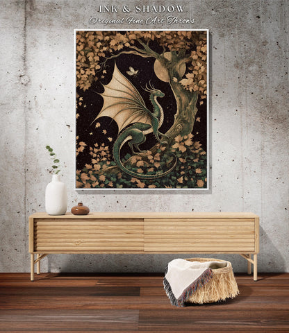 Gilded Hygge Antique Mystical Dragon Blanket Moonlit Forest Fantasy Art Throw | Vintage Celestial Romantic Baroque Woodland Gothic Tapestry