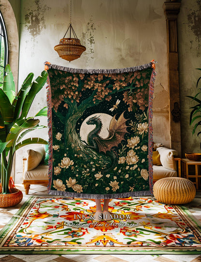 Mystical Forest Green Woodland Gothic Dragon Blanket Full Moon Celestial Magic Fantasy Art | Whimsigothic Enchanted Fairytale Tapestry Throw