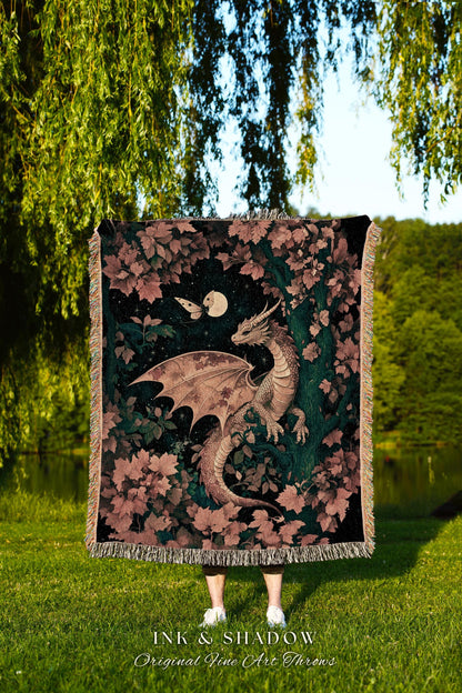 Antique Mystical Ethereal Dragon Tapestry Throw Moonlit Forest Fairytale Decor | Enchanted Fairycore Celestial Night Art Teal Fantasy Decor