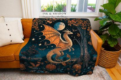 Whimsigothic Harvest Moon Magical Dragon Blanket Fairytale Nocturnal Decor | Enchanted Autumn Night Celestial Fantasy Art Tapestry Throw