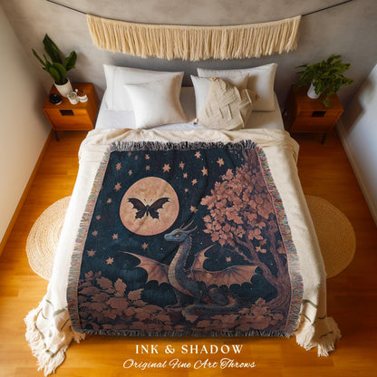 Whimsical Celestial Dragon Throw Enchanted Fall Forest Starry Night Throw | Magical Woodland Goblincore Mystical Moon Fairytale Ethereal Art