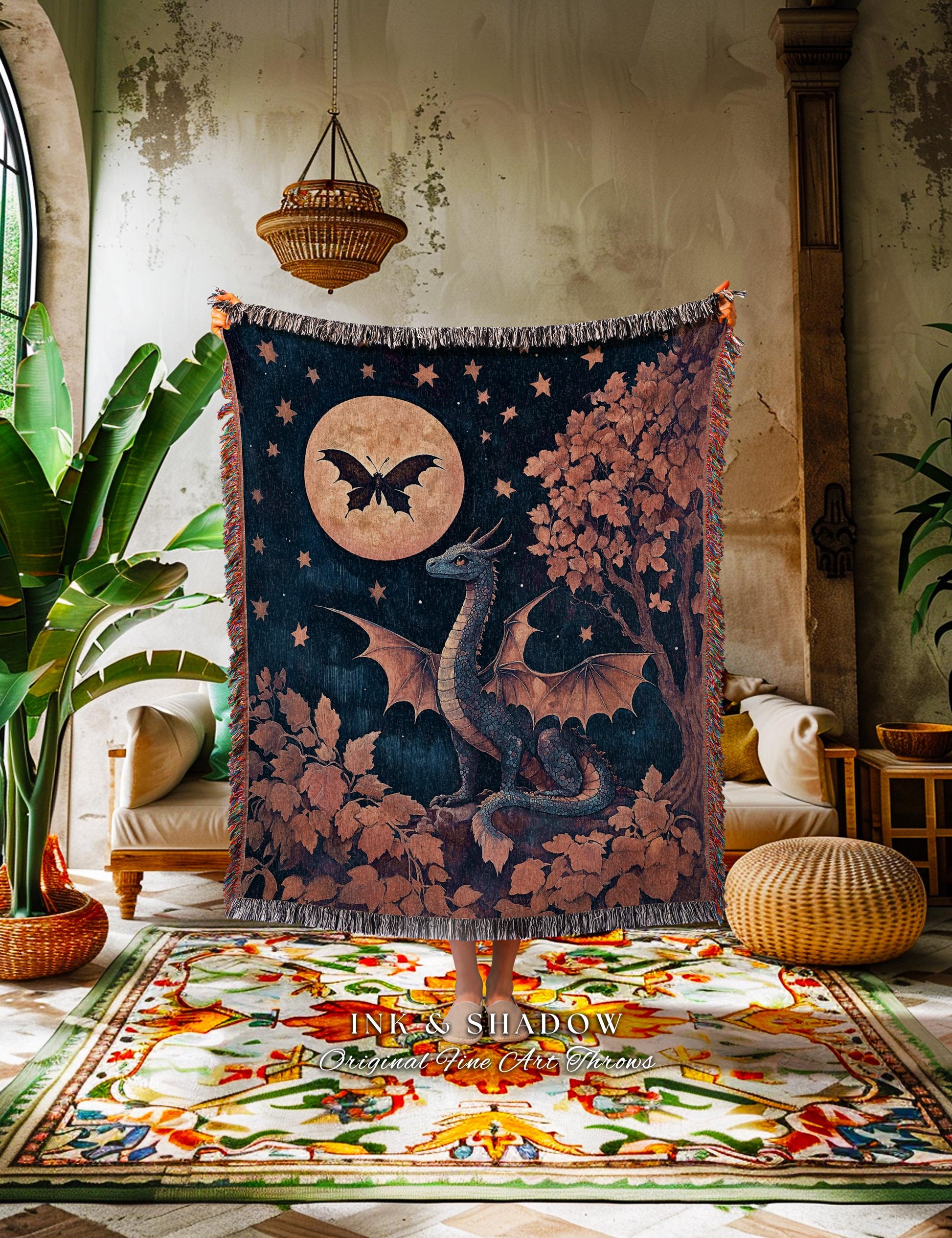 Whimsical Celestial Dragon Throw Enchanted Fall Forest Starry Night Throw | Magical Woodland Goblincore Mystical Moon Fairytale Ethereal Art