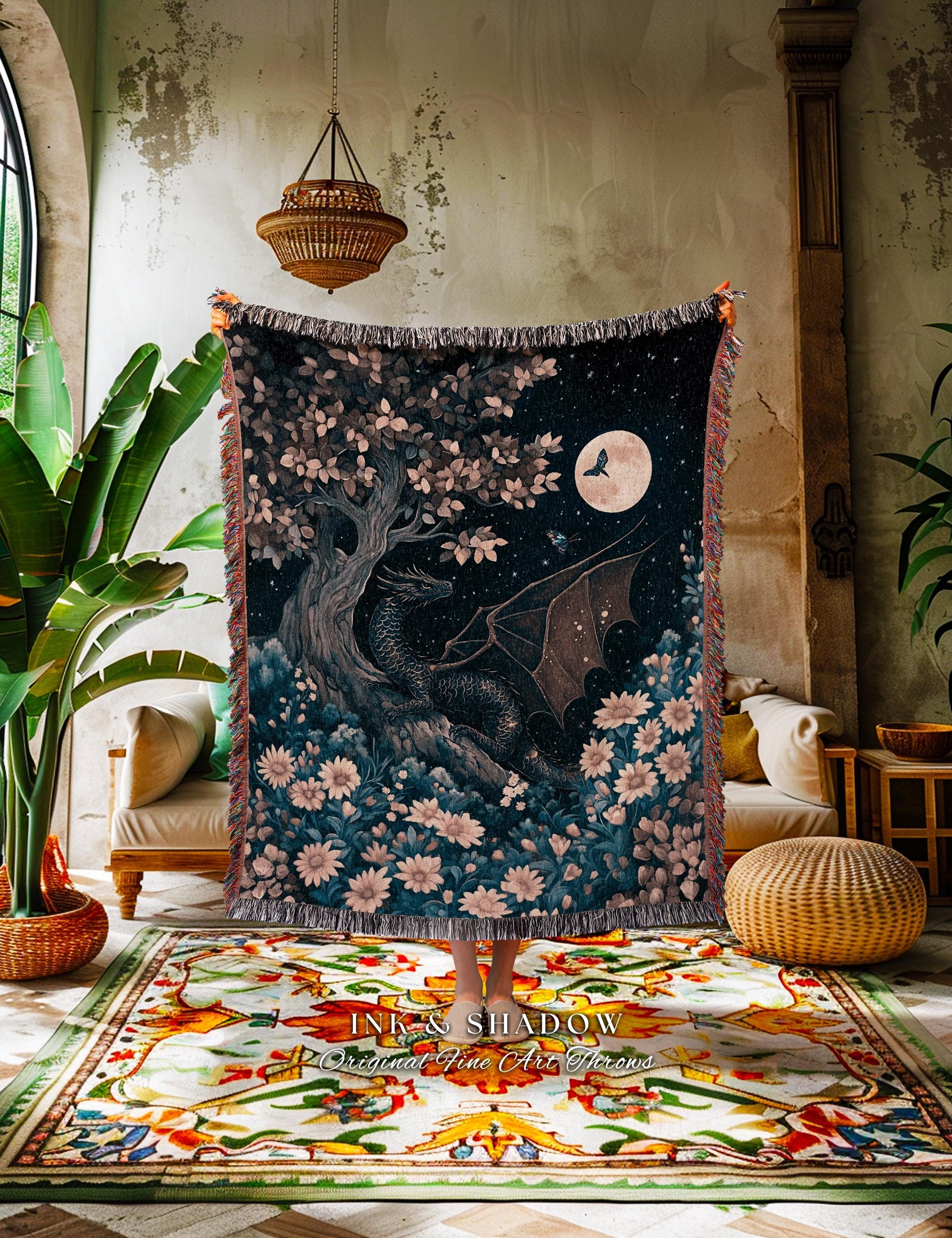 Twilight Dragon Dreamscape Blanket Dark Floral Enchanted Victorian Gothic Art Decor | Mystic Forest Whimsical Folklore Magic Tapestry Throw