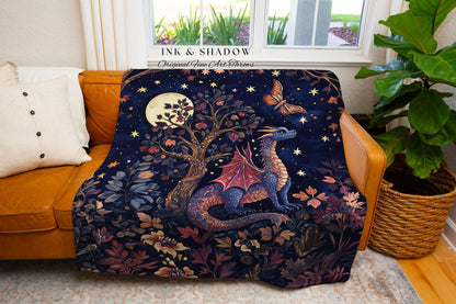 Mystical Night Sky Dragon Blanket Enchanted Woodland Decor | Moonlit Forest Whimsigothic Tapestry Throw Celestial Dark Academia Fantasy Art