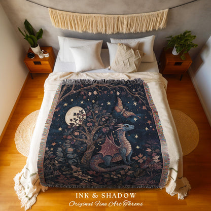 Mystical Night Sky Dragon Blanket Enchanted Woodland Decor | Moonlit Forest Whimsigothic Tapestry Throw Celestial Dark Academia Fantasy Art