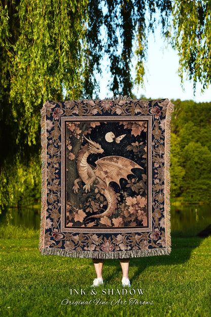 Ethereal Dragon Tapestry Throw Antique Mystical Moonlit Forest Fairytale Decor | Enchanted Fairycore Celestial Night Art Fantasy Decor |