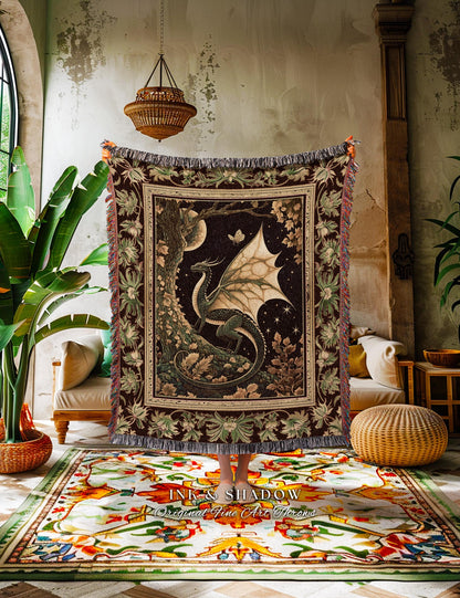 Mystical Dragon Blanket Gilded Hygge Antique Moonlit Forest Fantasy Art Throw | Vintage Celestial Romantic Baroque Woodland Gothic Tapestry