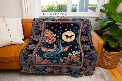 Enchanted Fall Forest Celestial Dragon Throw Whimsical Starry Night Throw | Magical Woodland Goblincore Mystical Moon Fairytale Ethereal Art