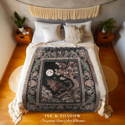 Dreamscape Blanket Twilight Dragon Dark Floral Enchanted Victorian Gothic Art Decor | Mystic Forest Whimsical Folklore Magic Tapestry Throw