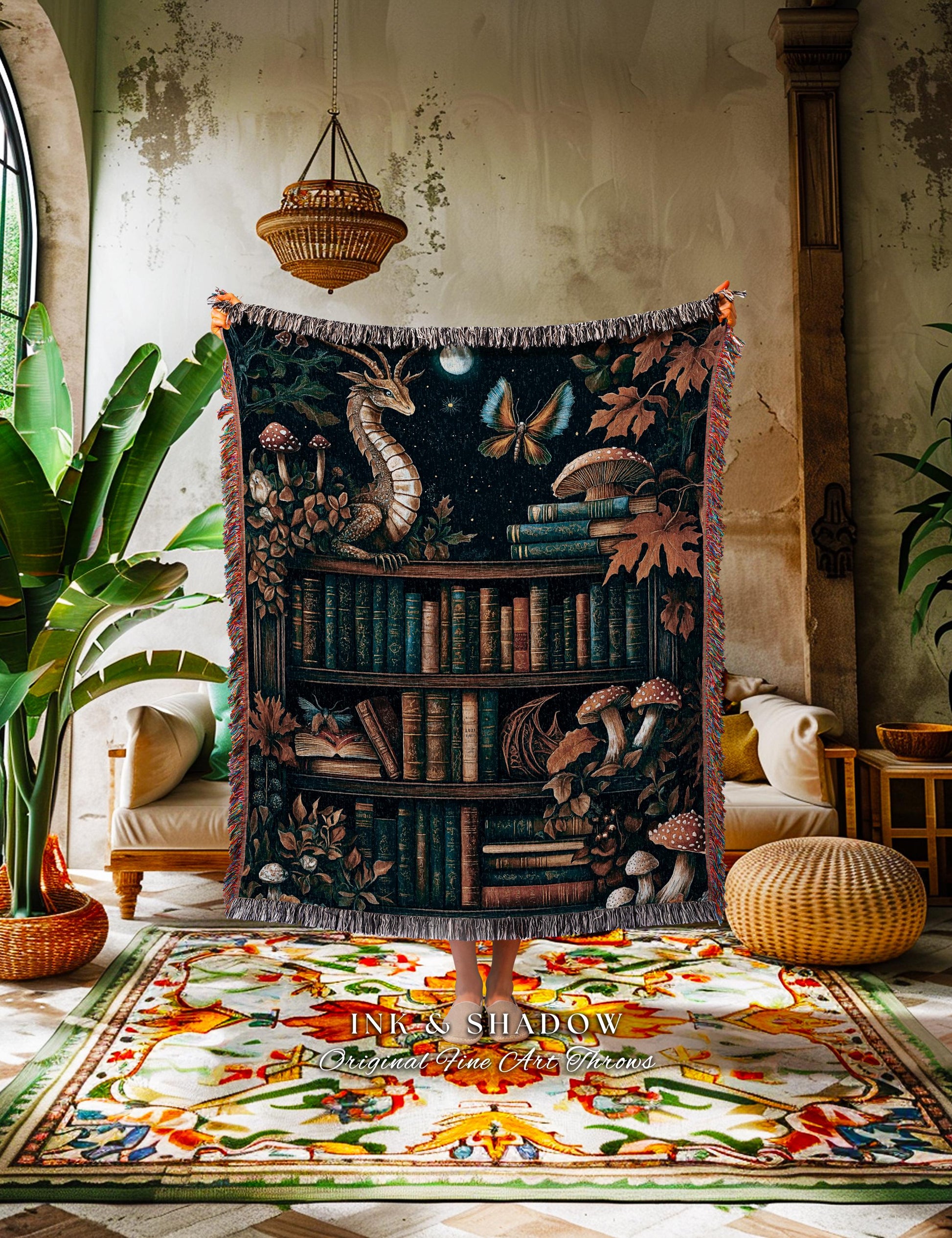 Midnight Blue Magical Literary Dragon Blanket Mystic Moon Bookish Home | Whimsigothic Magic Bookshelf Tapestry Throw Cozy Fairytale Decor