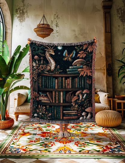 Midnight Blue Magical Literary Dragon Blanket Mystic Moon Bookish Home | Whimsigothic Magic Bookshelf Tapestry Throw Cozy Fairytale Decor