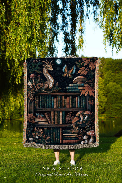 Midnight Blue Magical Literary Dragon Blanket Mystic Moon Bookish Home | Whimsigothic Magic Bookshelf Tapestry Throw Cozy Fairytale Decor