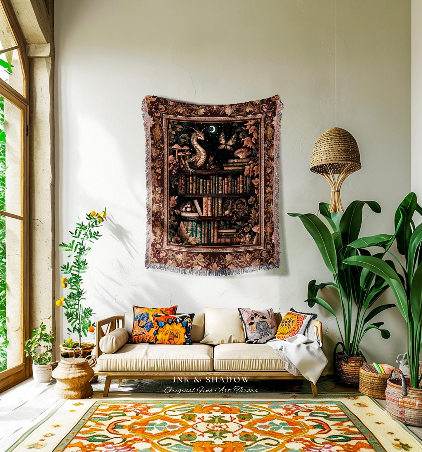 Rust Burnt Orange Woodland Book Nook Magical Dragon Throw Cozy Academia Decor | Goblincore Vintage Folklore Bookshelf Art Tapestry Blanket