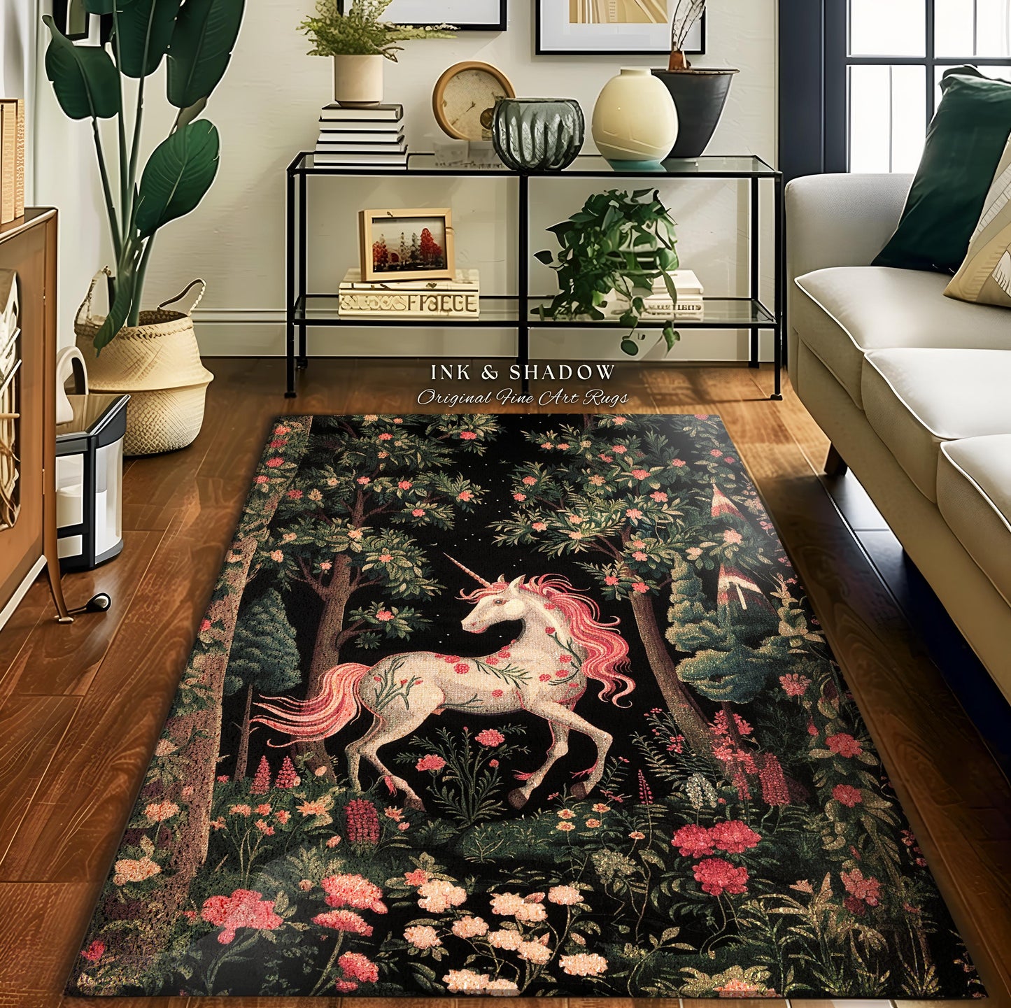 Enchanted Forest Unicorn Rug Mystical Woodland Runner | Romantic Baroque Art Fairycore Vintage Aesthetic Mythical Creatures Forestcore Decor