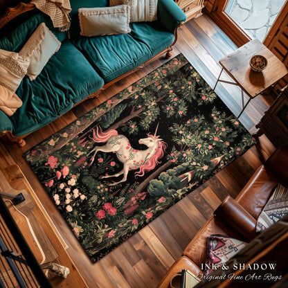 Enchanted Forest Unicorn Rug Mystical Woodland Runner | Romantic Baroque Art Fairycore Vintage Aesthetic Mythical Creatures Forestcore Decor