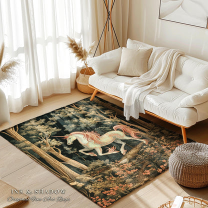 Medieval Unicorn Rug Woodland Aesthetic Enchanted Forest Decor | Whimsical Cottagecore Fantasy Art Mystic Forestcore Vintage Gothic Runner