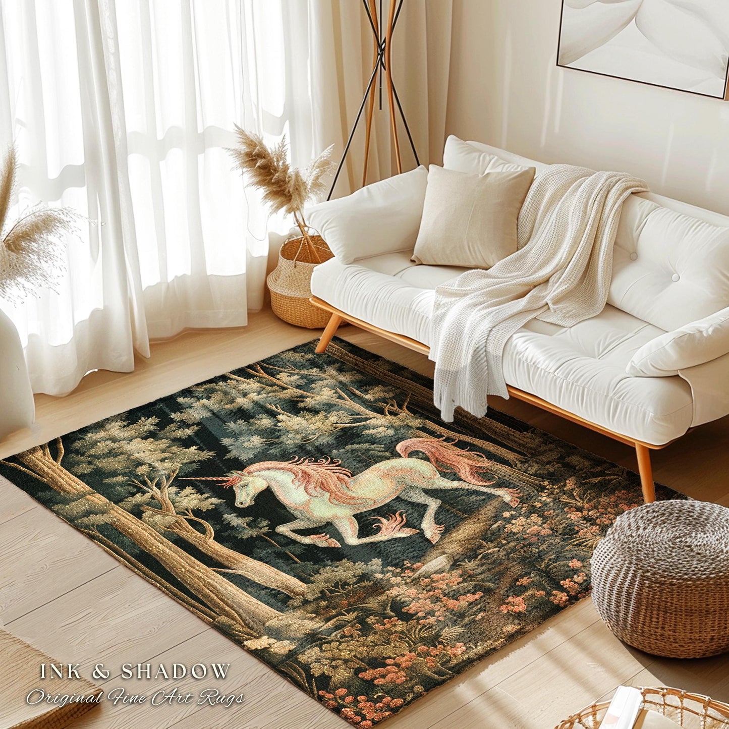 Medieval Unicorn Runner Rug Woodland Aesthetic Enchanted Forest Decor Whimsical Cottagecore Fantasy Art Mystic Forestcore Vintage Gothic Rug